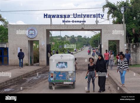 15 November 2018: Students walk out the entrance to Hawassa University ...