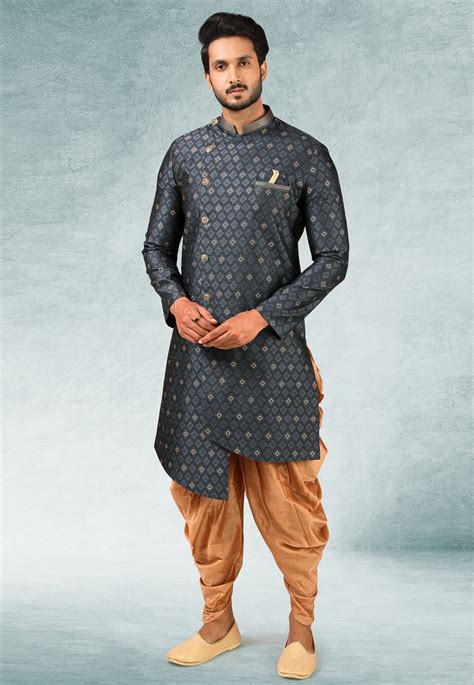 Grey Jacquard Silk Indo Western Suit 245684