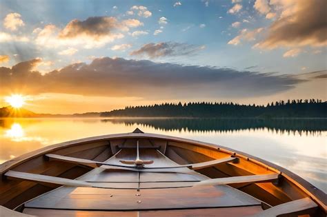 Un barco está atracado en un lago con una puesta de sol de fondo