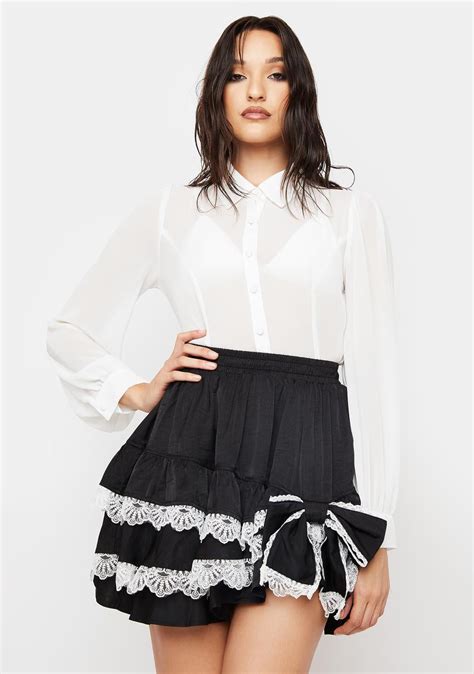 Dark In Love Bow Ruffle Tiered Lace Mini Skirt Black Dolls Kill