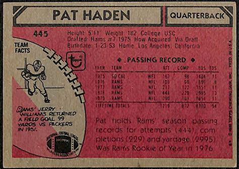 Topps Pat Haden Los Angeles Rams Ebay