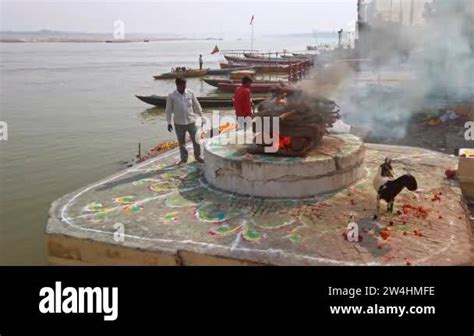 Varanasi, India - Circa November 2019. Harishchandra Ghat is one of the ...