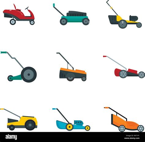 Lawnmower Grass Garden Icons Set Flat Illustration Of Lawnmower