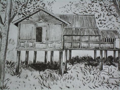 Pemandangan Kampung Lukisan Hasil Seni Lukisan Kampung House Medium Charcoal Lakeisha Green