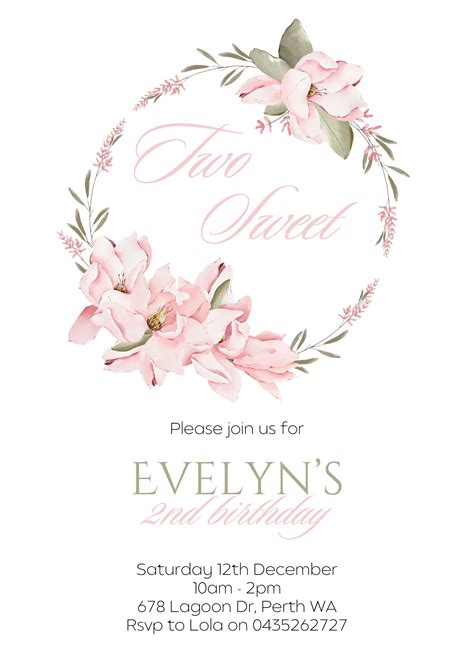 Editable Two Sweet Birthday Invitation Blush Pink Magnolia Party