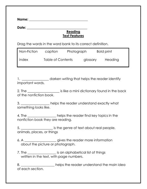 Identifying Text Features Worksheet