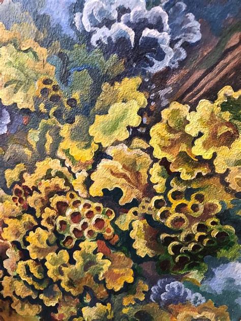 An Oil Painting Of Yellow Flowers On A Blue And Green Background With