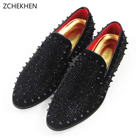 Europe Bling Rivet Flat Leather Shoes Rhinestone Fashion Mens Loafer Dress Wedding Shoes Men