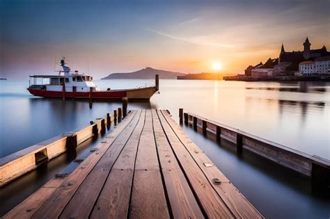 Un barco está atracado en el agua con una puesta de sol de fondo