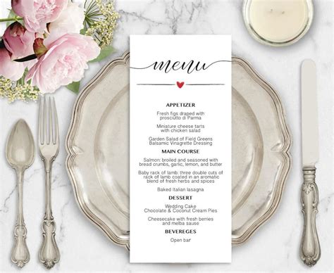 Wedding Menu Template Size