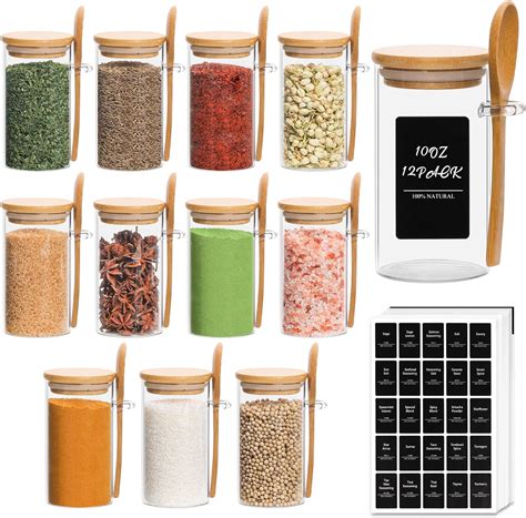 Comsaf 12 Pcs Glass Spice Jars With Lids And Spoons 10oz