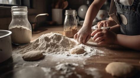 Premium Photo A Person Kneading Dough On A Table With A Jar Of Flour