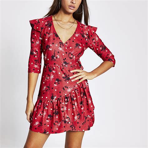 Red Floral Long Sleeve Frill Hem Wrap Dress River Island