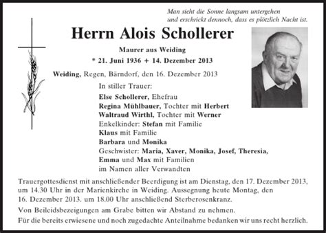 Traueranzeigen Von Weiding Alois Schollerer Mittelbayerische Trauer