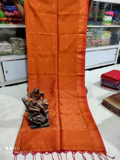 Rustic Orange Matka Cotton Silk Handwoven Butti Design Saree Loomfolks