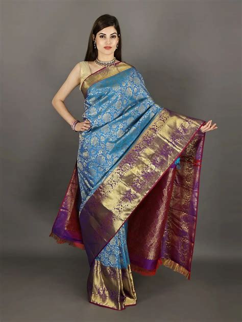 Mediterranian Blue Handloom Pure Silk Kanjivaram Saree From Tamil Nadu