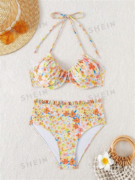 Women S Floral Printed Halter Neck Split Bikini Swimsuit Shein Eur