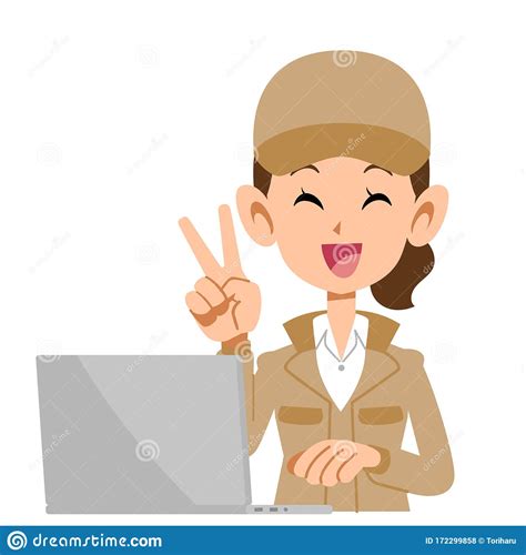 A Woman In Beige Work Clothes That Operates A Personal Computer With A