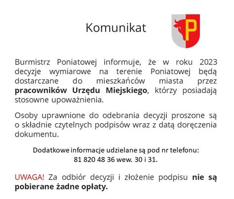 Poniatowa Informacja O Dostarczaniu Decyzji Wymiarowych Na Terenie