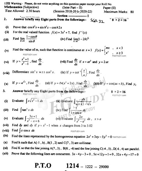 Th Class Mathematics Past Paper Sargodha Board Subjective