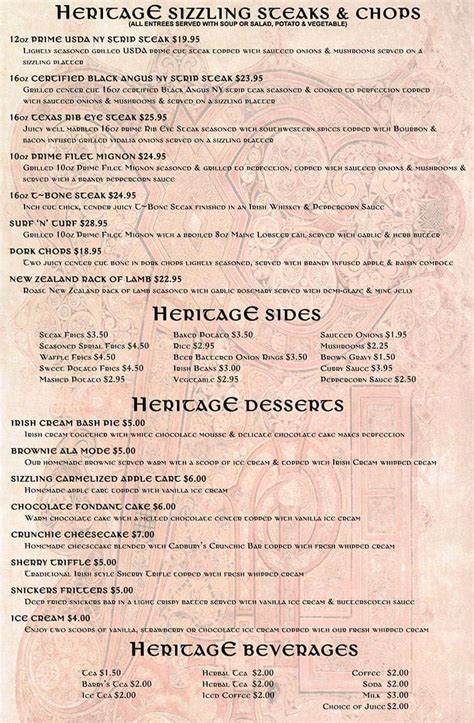 Menu at Heritage Bar & Restaurant, Yonkers