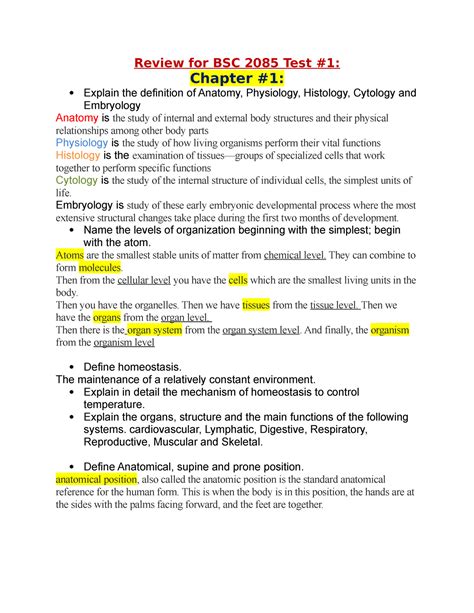 BSC Review Test 1 Copy Copy Review For BSC 2085 Test 1 Chapter 1