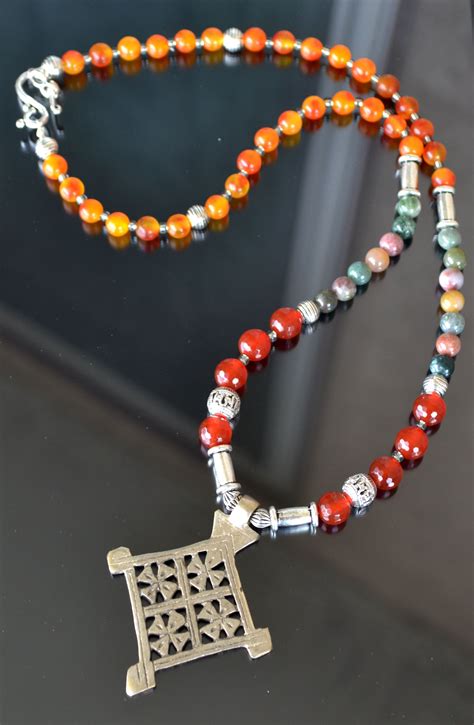 Ethiopian Cross Necklace Large Bead Necklace Statement Gemstone