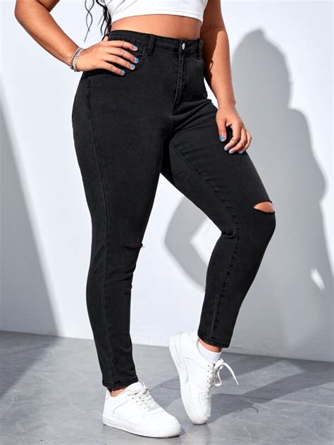 Plus High Waist Ripped Skinny Jeans Shein Usa