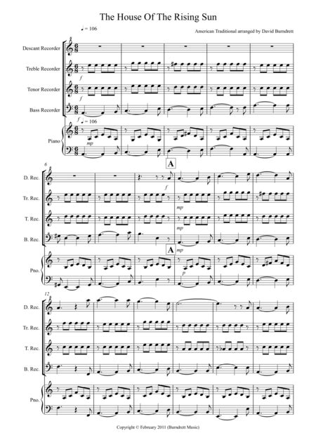 House Of The Rising Sun For Recorder Quartet Arr David Burndrett By