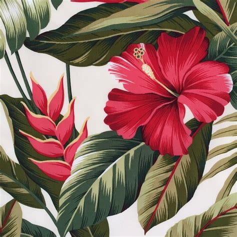 Tropical Fabric Heliconia Hibiscus Floral On Cream By The Etsy