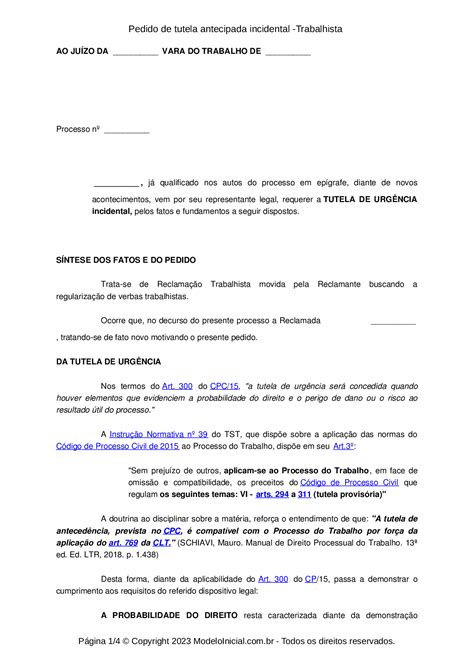 Modelo Pedido De Tutela Antecipada Incidental Trabalhista