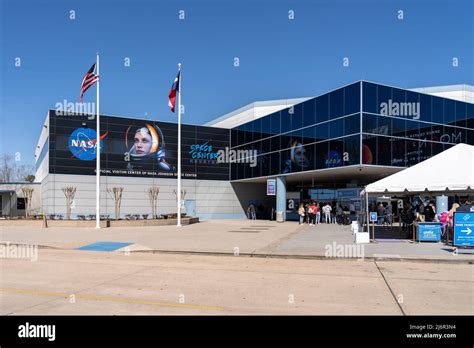 Houston, TX, USA - March 12, 2022: The entrance to Space Center Houston, Texas, USA. Space ...