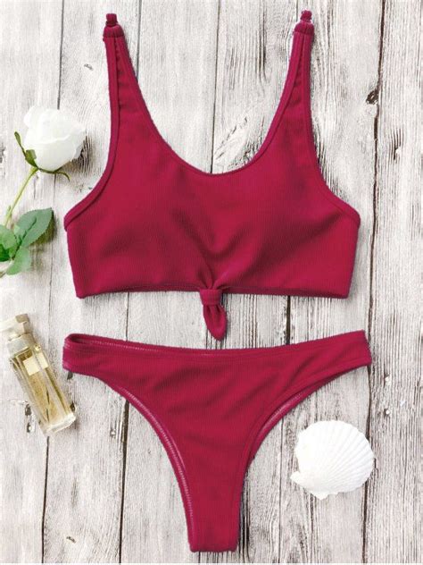 13 99 Knotted Bralette High Cut Bikini Set RED S Swimwear Model