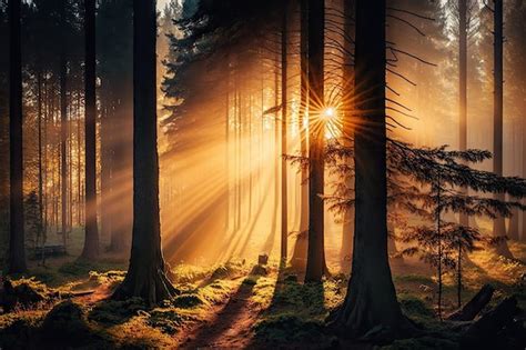 Premium AI Image | Forest at sunrise with rays of warm light shining ...