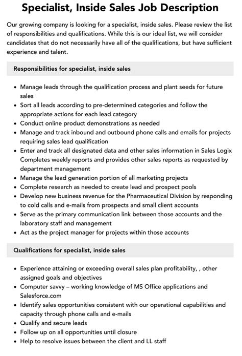 Specialist Inside Sales Job Description Velvet Jobs