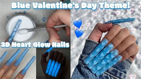 3D HEART GLOW IN THE DARK POLYGEL NAILS BLUE VALENTINES DAY NAILS