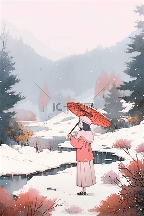 海报冬天女孩赏雪手绘插画图片 千库网