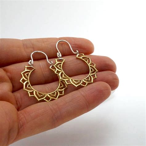 Small Brass Mandala Star Hoop Earrings With Solid Sterling Silver Posts