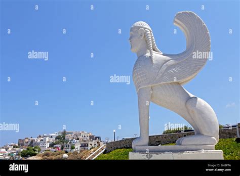 a Sphinx overlooking the harbour of Naxos Town, Island of Naxos ...