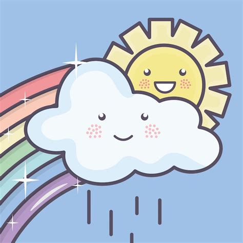 Lindo Sol De Verano Y Nubes Lluviosas Con Personajes De Kawaii De Arco