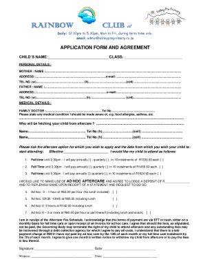 Fillable Online RAINBOW CLUB Application Agreement Fax Email Print