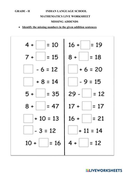 Missing Addends Interactive Worksheet For Grade 2 Live Worksheets