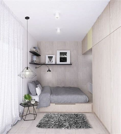 modern small bedroom ideas podium bed wardrobe neutral color gray bedding set | Small bedroom ...