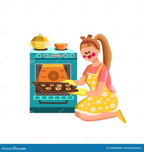 Woman Baker Baking Cookies In Kitchen Oven Vector Stock Vector