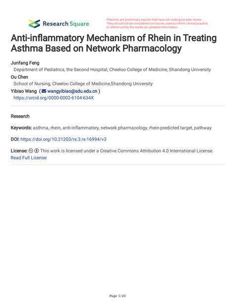 PDF Anti Inflammatory Mechanism Of Rhein In Treating Asthma Based On