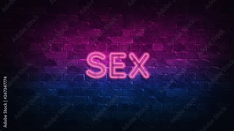 Sex Neon Sign Purple And Blue Glow Neon Text Brick Wall Lit By Neon Lamps Night Lighting On