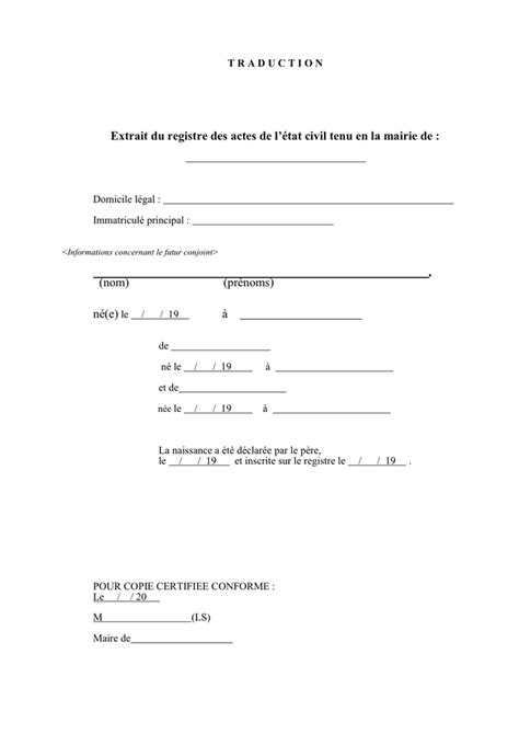 Modelé d extrait du registre des actes de létat civil DOC PDF