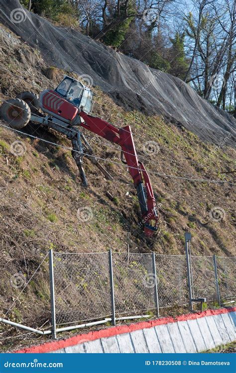 Red Spider Type Excavator In Operation On A Steep Slope Specialized