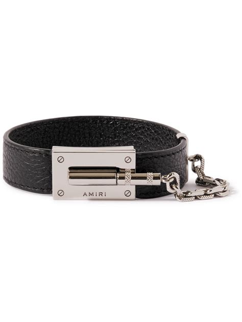 Amiri Silver Tone And Leather Bracelet Black Amiri