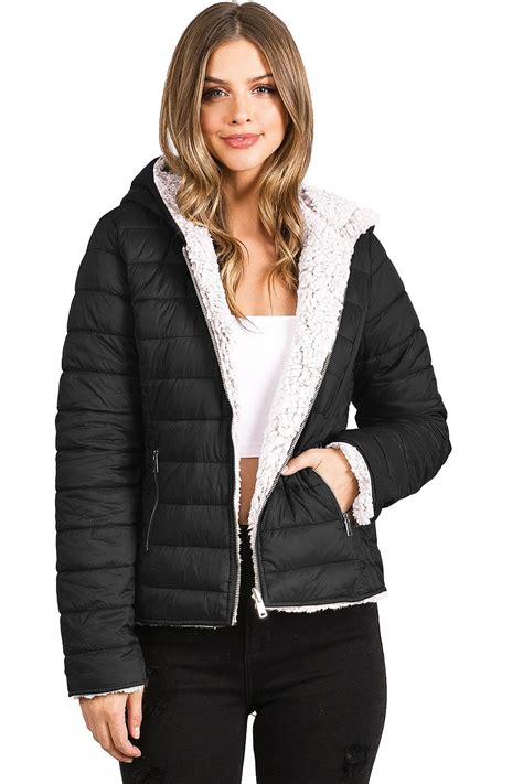 Buy Love Tree Womens Juniors Reversible Teddy Bear Puffer Jacket Black